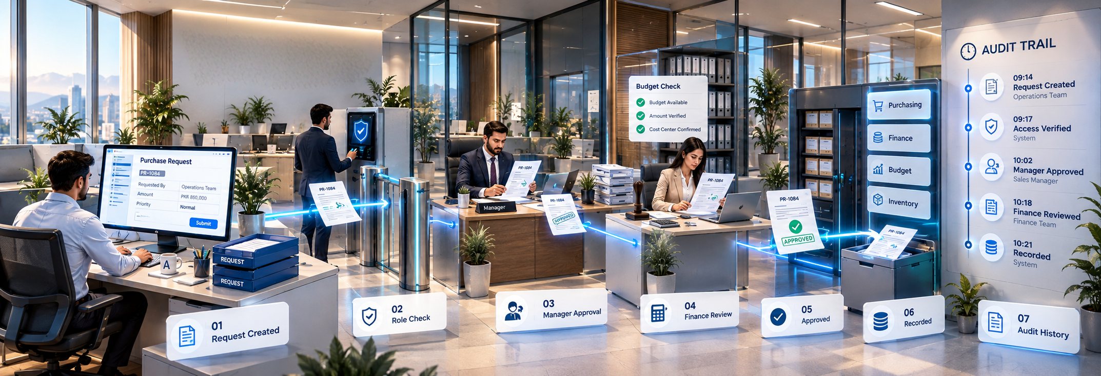 Connected teams, approvals and audit history across a modern workplace