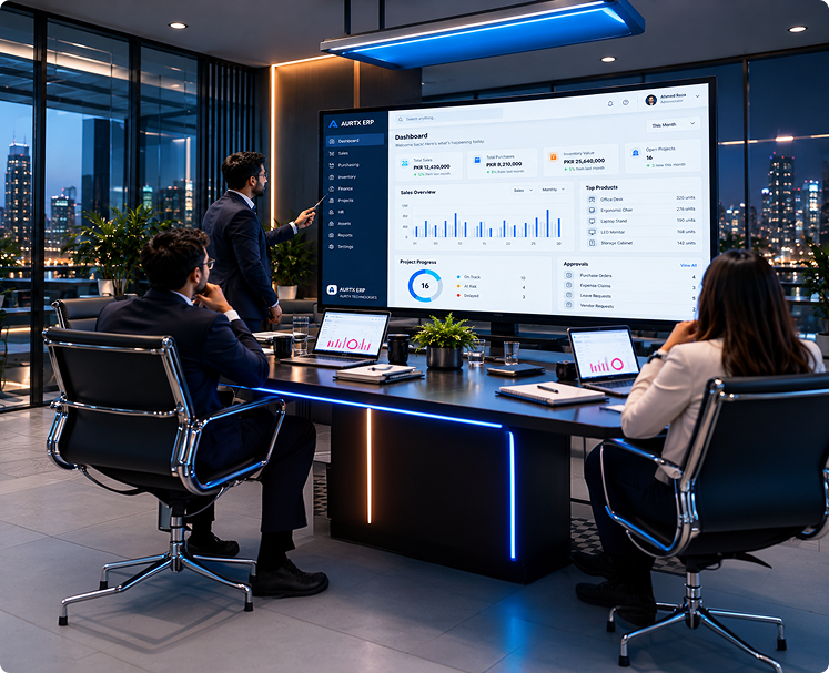 Management team reviewing a live business dashboard together