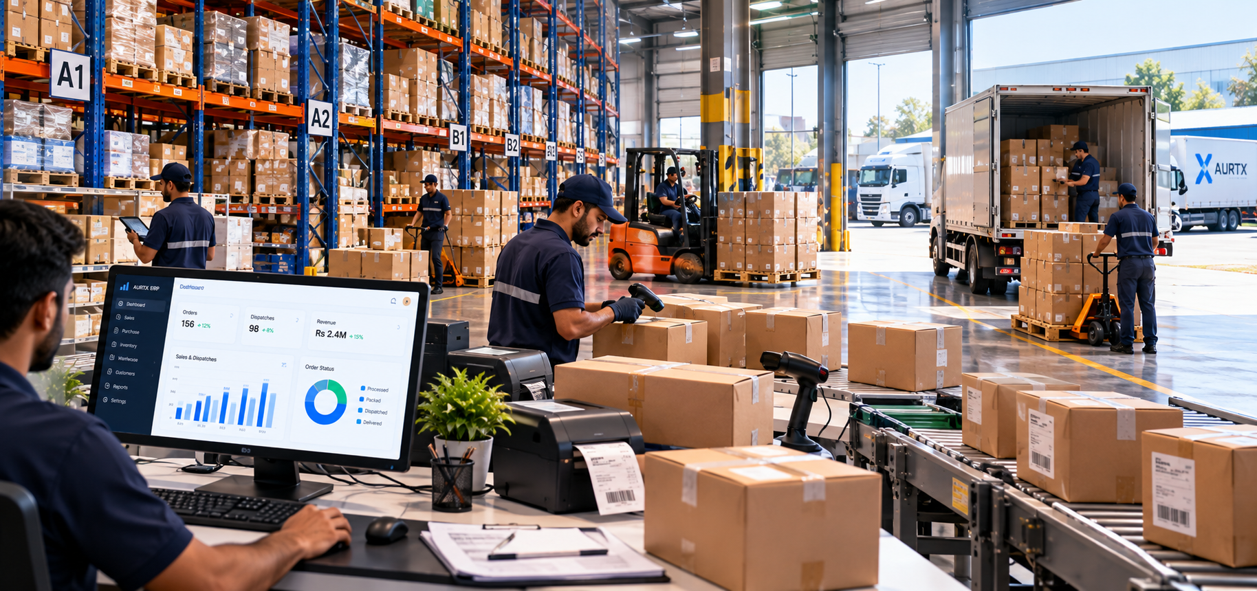 Warehouse picking, packing and delivery connected through AURTX ERP