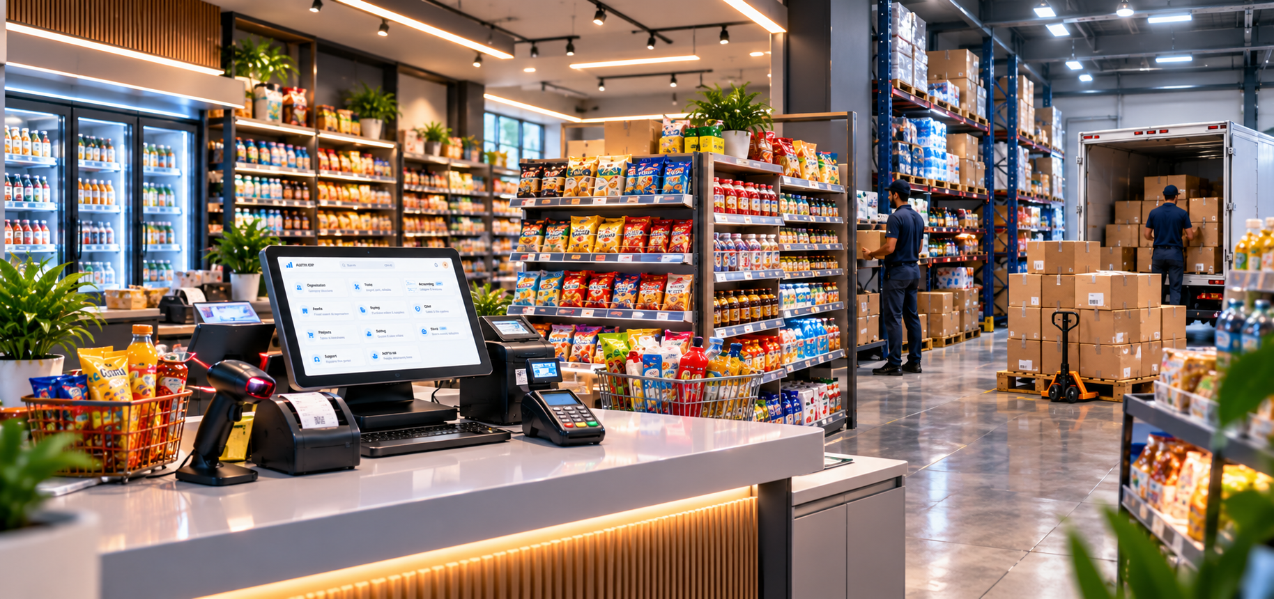 Retail store checkout with AURTX ERP and connected stock operations